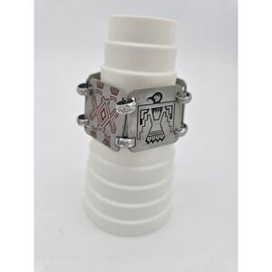 Vintage Thin Metal Panel Indigenous Style  Silver Tone Collectible Bracelet
